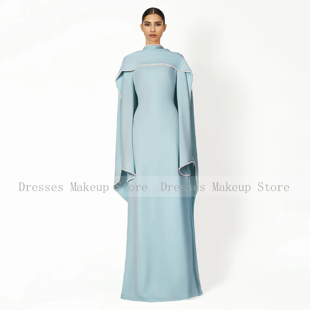 Customized Wedding Party Dress Black A Line Pearl Long Sleeves O Neck Evening Gown Long Shawl Saudi Arabian Formal Evening Dress