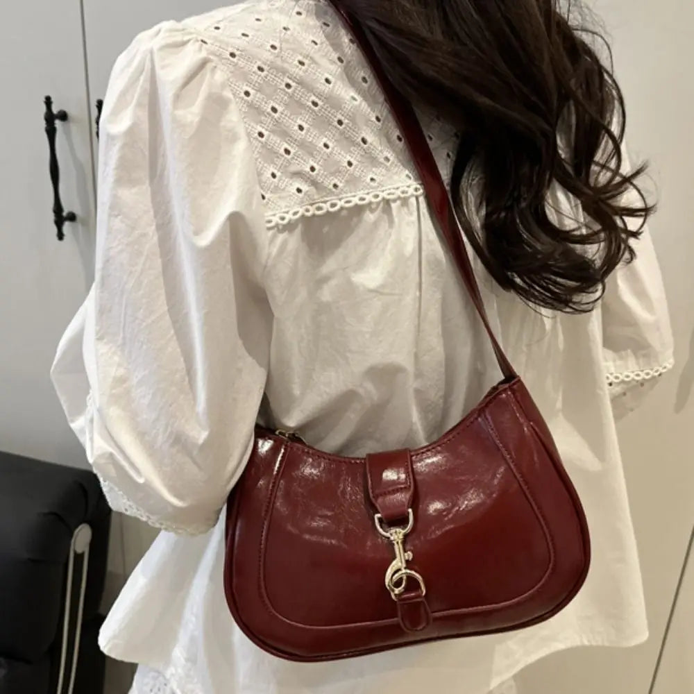 Elegant Patent Leather Shoulder Bag | Large Capacity Retro Armpit Bag | Smooth Solid Color Belt Buckle Clutch Handbag Luxegan