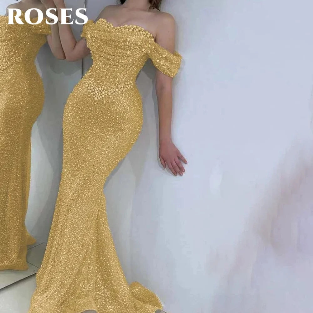 Gorgeous Pearl & Sequined Mermaid Prom Dress | Strapless Sweetheart Hollow Gown | Off-The-Shoulder Backless Floor-Length Formal Evening Gown Luxegan