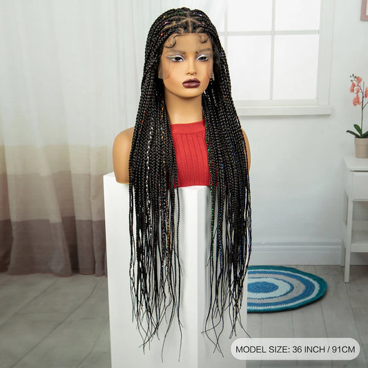 36" Knotless Box Braids Full Lace Wig | Colored Ribbons | Baby Hair | Long Synthetic Braids