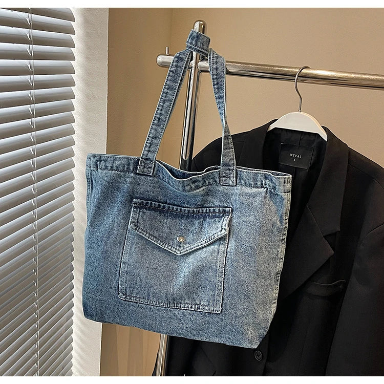 Fashion Luxury Women’s Denim Shoulder Bag | High-Quality Fabric Large Capacity Tote | Sophisticated Multi-Functional Handbag | Fashion-Forward Square Denim Crossbody with Exterior Flap Pocket Luxegan