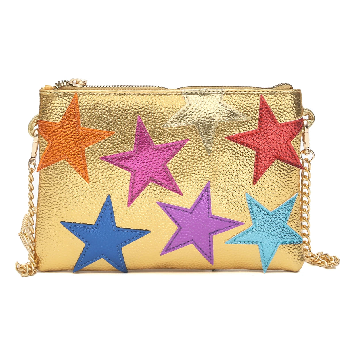 Fashion Women’s Metallic PU Leather Square Clutch | Funky Stars & Colorful Stripes Shoulder Bag | Trendy Patchwork Party Handbag with Chain Strap | Statement Prom & Date Night Purse (Model CRP-2402031) Luxegan