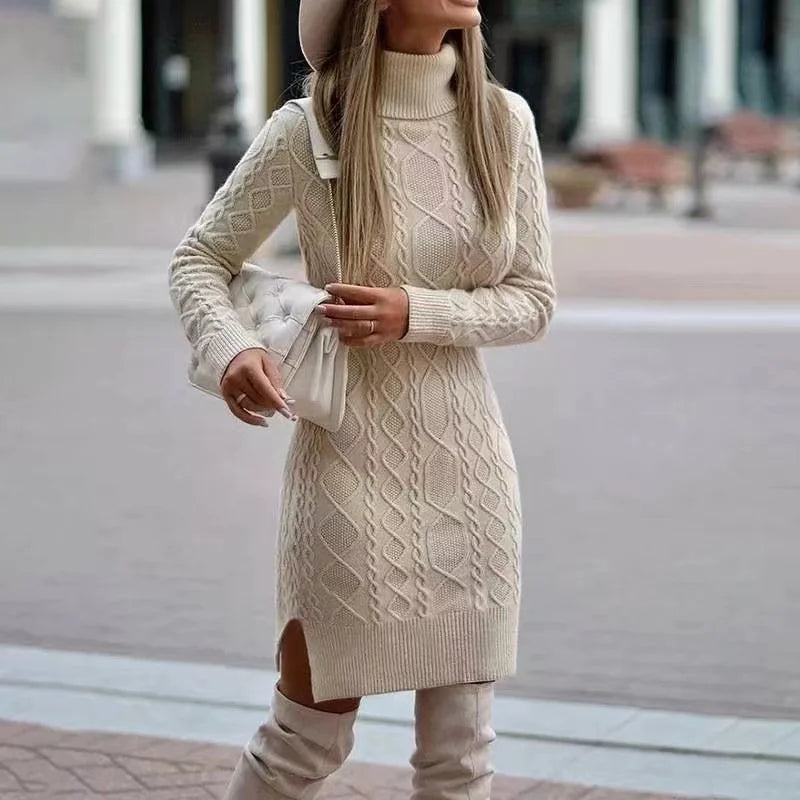 Solid Office-Style Turtleneck Full-Length Sleeve Loose A-Line Acrylic Knit Mid-Calf Dress – Medium-Stretch, Elastic Waist, Autumn/Winter Luxegan