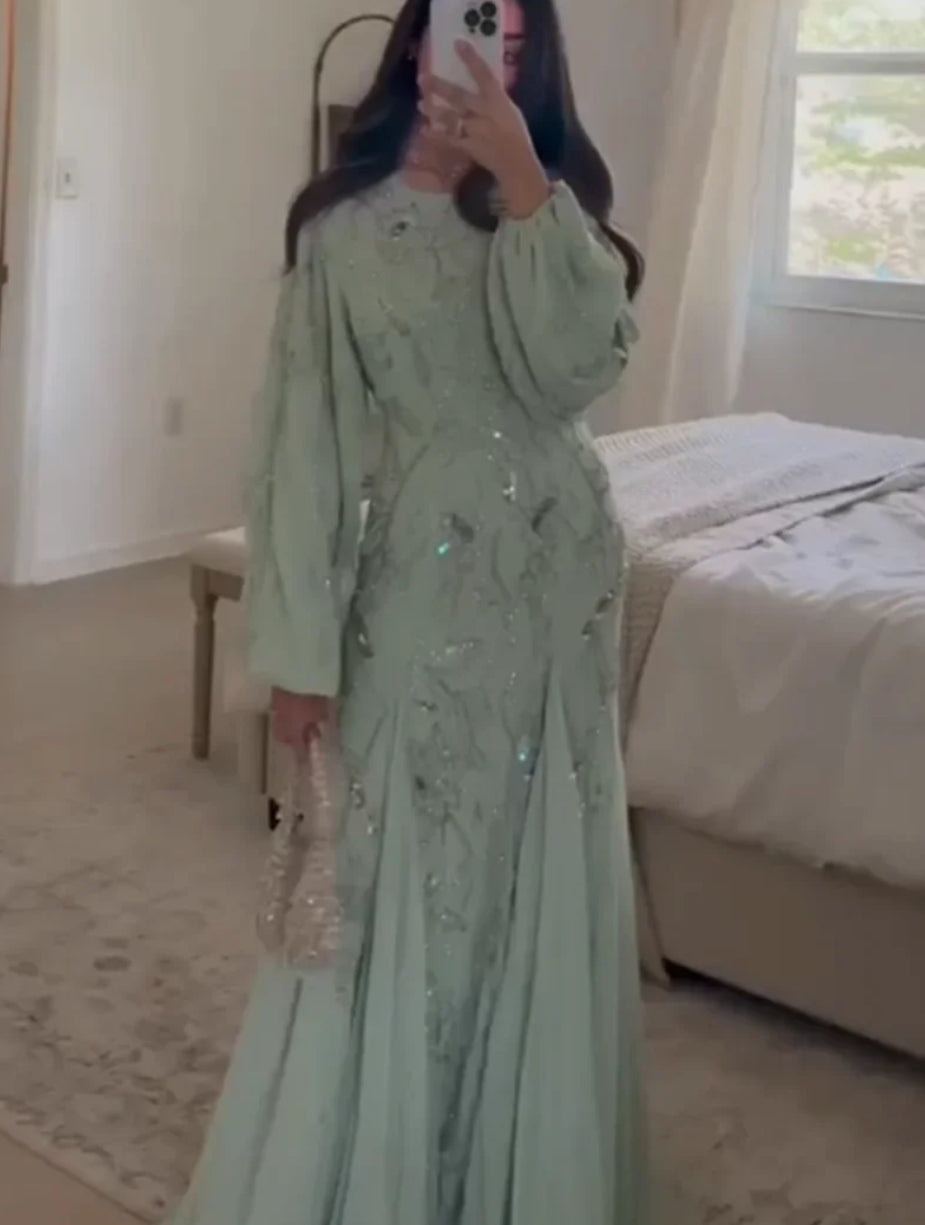 Exquisite Intricate Jewel Floor-Length Evening Dress | Classic A-Line Chiffon Prom Dress | Full-Sleeve Sequined O-Neck Formal Occasion Gown Luxegan