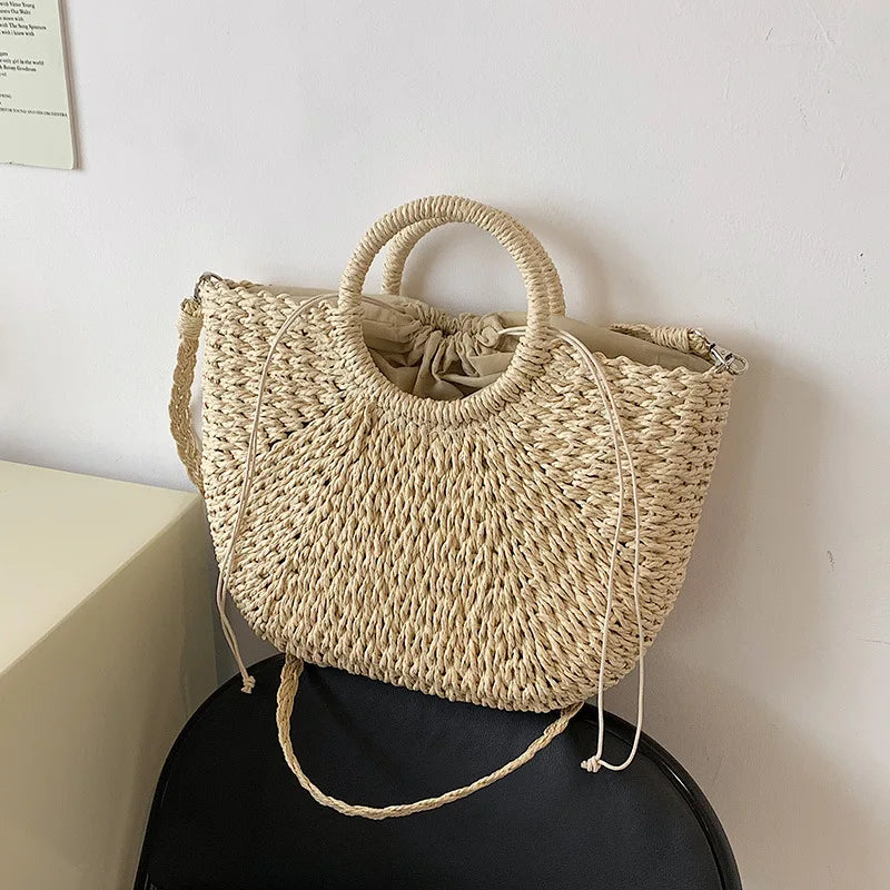 Straw Woven Handbags For Women | Handmade Travel Seaside Beach Bag | Summer New Handle Bucket Bag Shopping Tote Bag Basket Luxegan