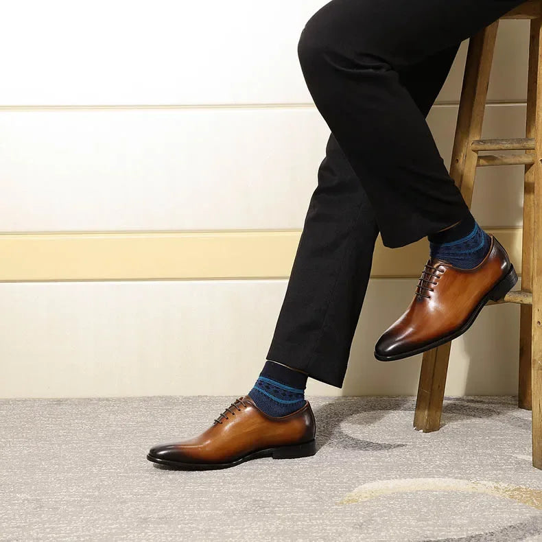 Designer Genuine Leather Wholecut Oxfords | Luxury Brand Pointed-Toe Dress Shoes | Elegant "Classic Single-Piece" Silhouette | "Dignified" Waterproof Cow Leather Footwear for Radiant Versatile Business & Formal Styling Luxegan