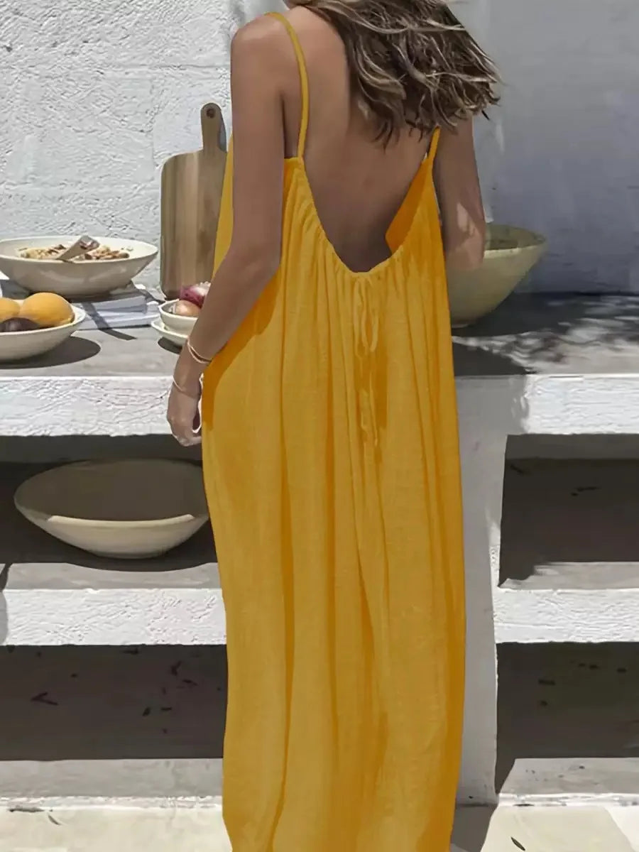 Ladies Loose H-Line Long Gown Nightwear | Comfortable Polyester Sleeveless Strap Home Clothing | Casual V-Neck Solid Color Lounge Dress | Elegant Ankle-Length Summer Beach Style Sleepwear Luxegan