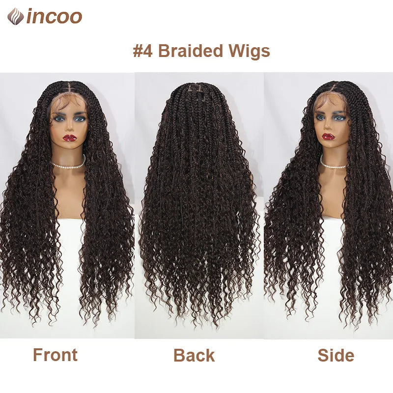 Long 32 Boho Braided Full Lace Front Wigs Synthetic Blonde Curly Goddess Locs Cornrows Wigs Pre Plucked Baby Hair Box Braids Wig Luxegan