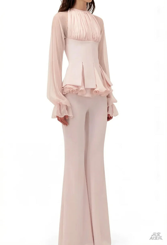 Vestido de Noche Personalizado Rosa Claro Elegante Traje de Pantalón Mangas Largas Transparentes Vestido de Fiesta de Boda Plisado Fruncido Formal de Gala