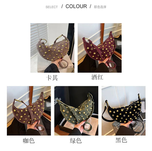Women's Punk Style Leather Rivet Underarm Bag | Premium Faux Suede Single Shoulder Handbag | Trendy Sewing Thread Rectangle Crossbody Purse | Soft Four-Seasons Velvet Sling Pack Luxegan