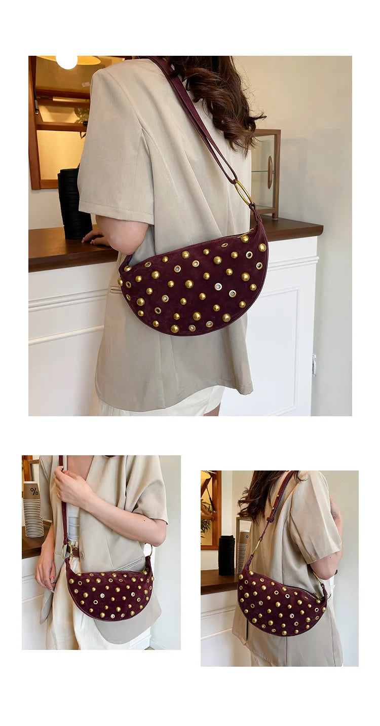 Women's Punk Style Leather Rivet Underarm Bag | Premium Faux Suede Single Shoulder Handbag | Trendy Sewing Thread Rectangle Crossbody Purse | Soft Four-Seasons Velvet Sling Pack Luxegan