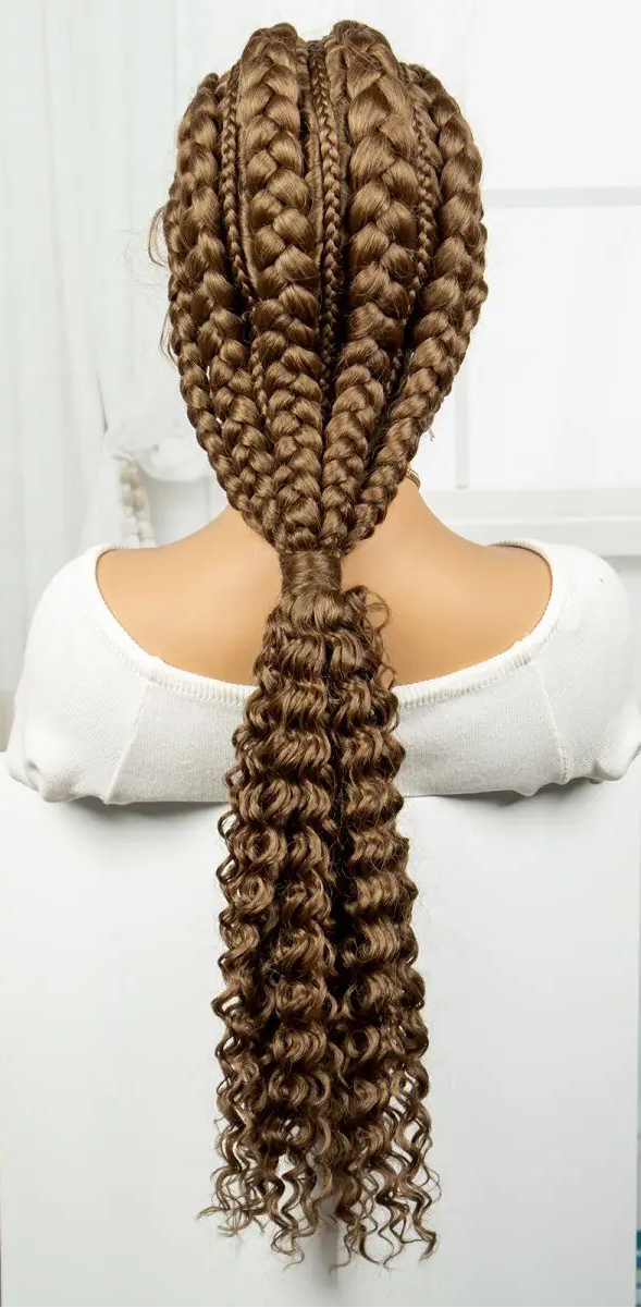  28" Burgundy Knotless Braids Wig with Curly Ends | Lace Front | Baby Hair Luxegan