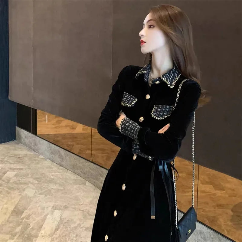 Solid Casual Turn-Down Collar Full-Length Sleeve Loose A-Line Knee-Length Dress – Medium-Stretch Cotton-Polyester-Elastane Blend, Natural Waist, Autumn/Winter Luxegan
