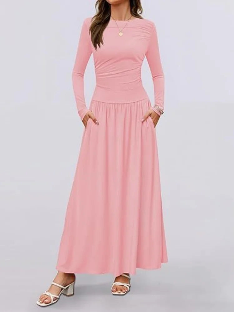 Autumn New Arrivals Long Sleeve Maxi Dress | Comfortable High-Stretch Ruched Detail Long Gown | Elegant O-Neck Solid Color Multi-Color A-Line Dress | Premium Tatting Regular Fit Ankle-Length Everyday Wear Luxegan