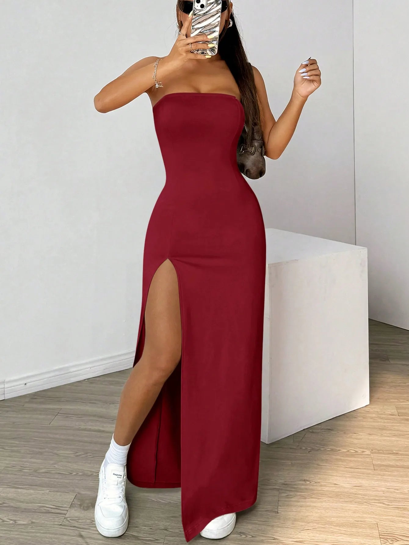 Elegant Ladies Solid Strapless Camisole Long Dress | Slim-Fit Slit Ankle-Length Chest-Wrapping Gown | Simple All-Season Basic Polyester A-Line Dress Luxegan