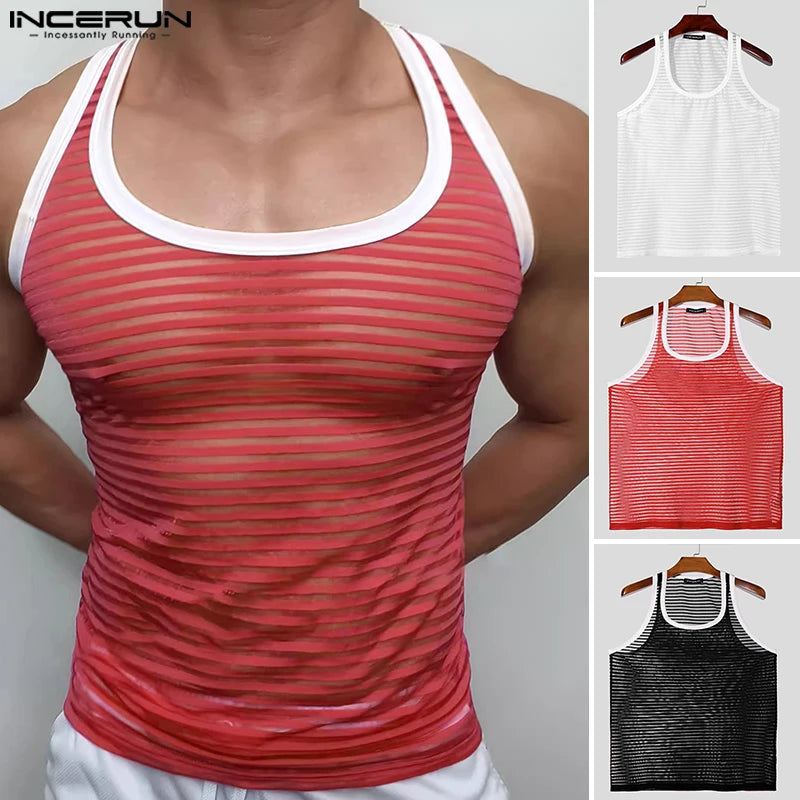 Camisetas informales de moda INCERUN nuevas camisetas sin mangas a rayas transparentes y sexys para hombre, chalecos finos ajustados para discoteca masculina