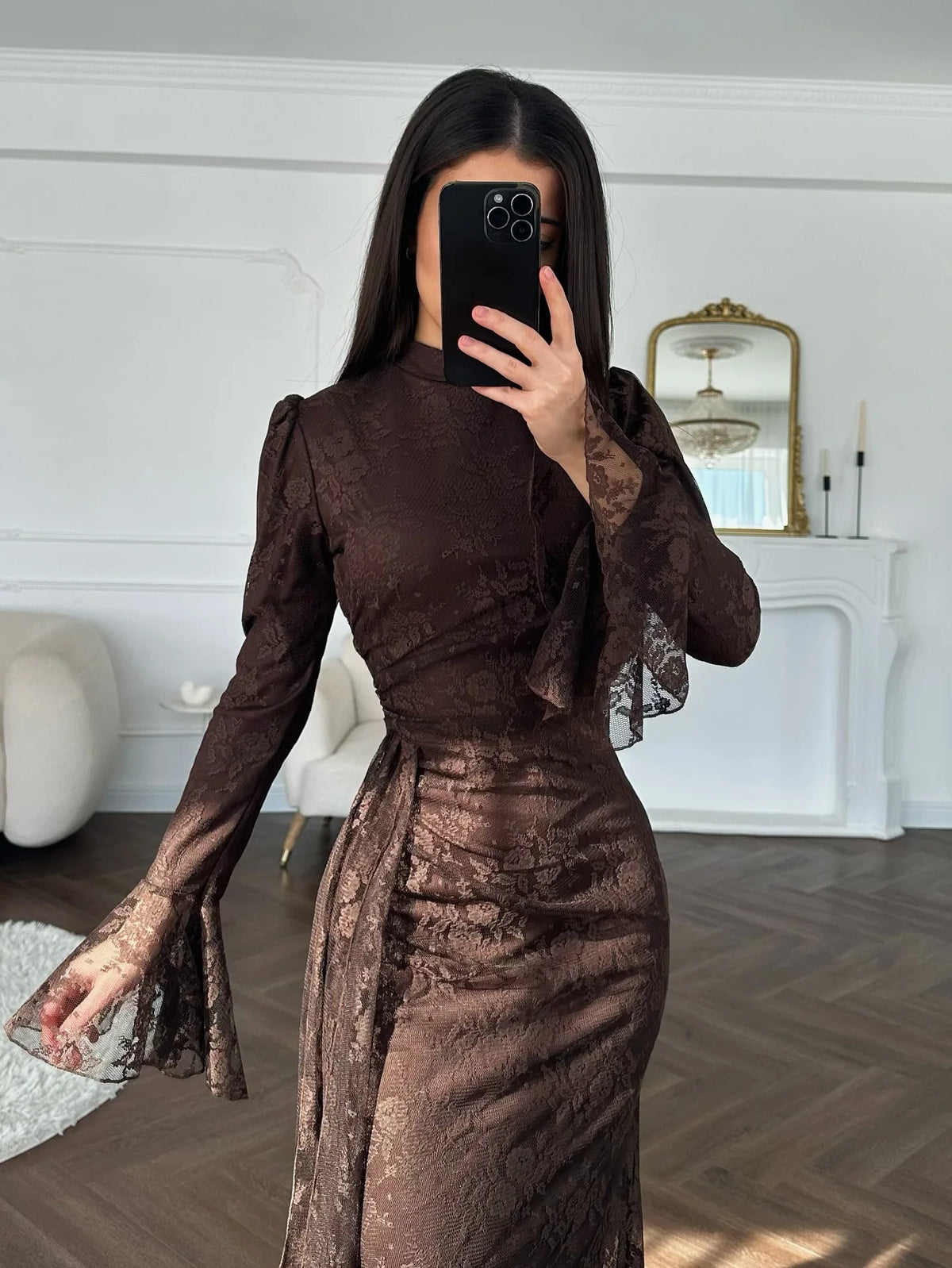 Solid O-Neck Full-Length Sleeve Lace Detail Slim Fit Sheath Ankle-Length Dress – Empire Waist, Spring/Summer Luxegan