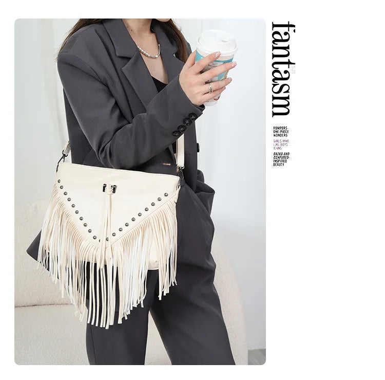 Trendy Casual Rivet Tassel Bag | Soft PU Leather Single Shoulder Crossbody Clutch (Women's Large Bag) Luxegan