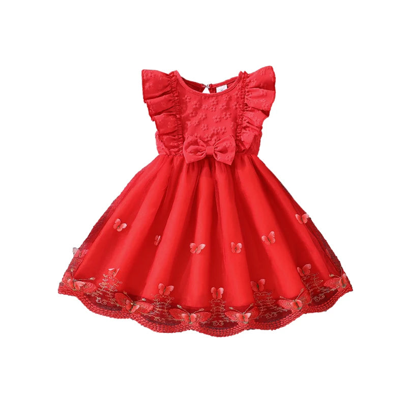 Girls' Floral Print Embroidered Princess Dress | Sweet Wing-Sleeve Bowknot Birthday Party Gown | Summer Cute A-Line Knee-Length Kids Clothing Luxegan