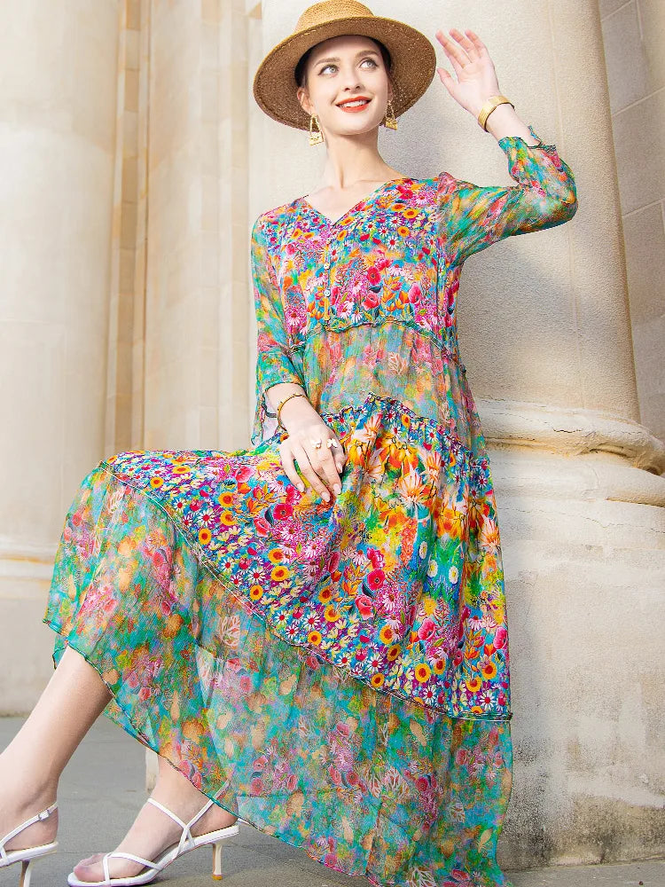 V-Neck Three-Quarter Sleeve Print Chiffon A-Line Midi Dress | Boho Vintage Beach Elegant Party Dress Luxegan
