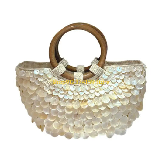 Elegant Beaded Shell Design Top Handle Purse | Bohemian Handmade Handbag for Vacation & Casual Occasions Luxegan