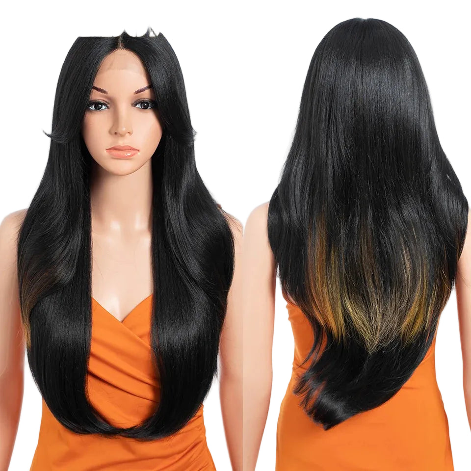 26-Inch Ombre Brown Highlight Blonde Synthetic Lace Front Wig with Bangs - Long Straight High Temperature Fiber Swiss Lace Wig - Transparent Lace Glueless Wig for Daily Use & Cosplay (197g) Luxegan