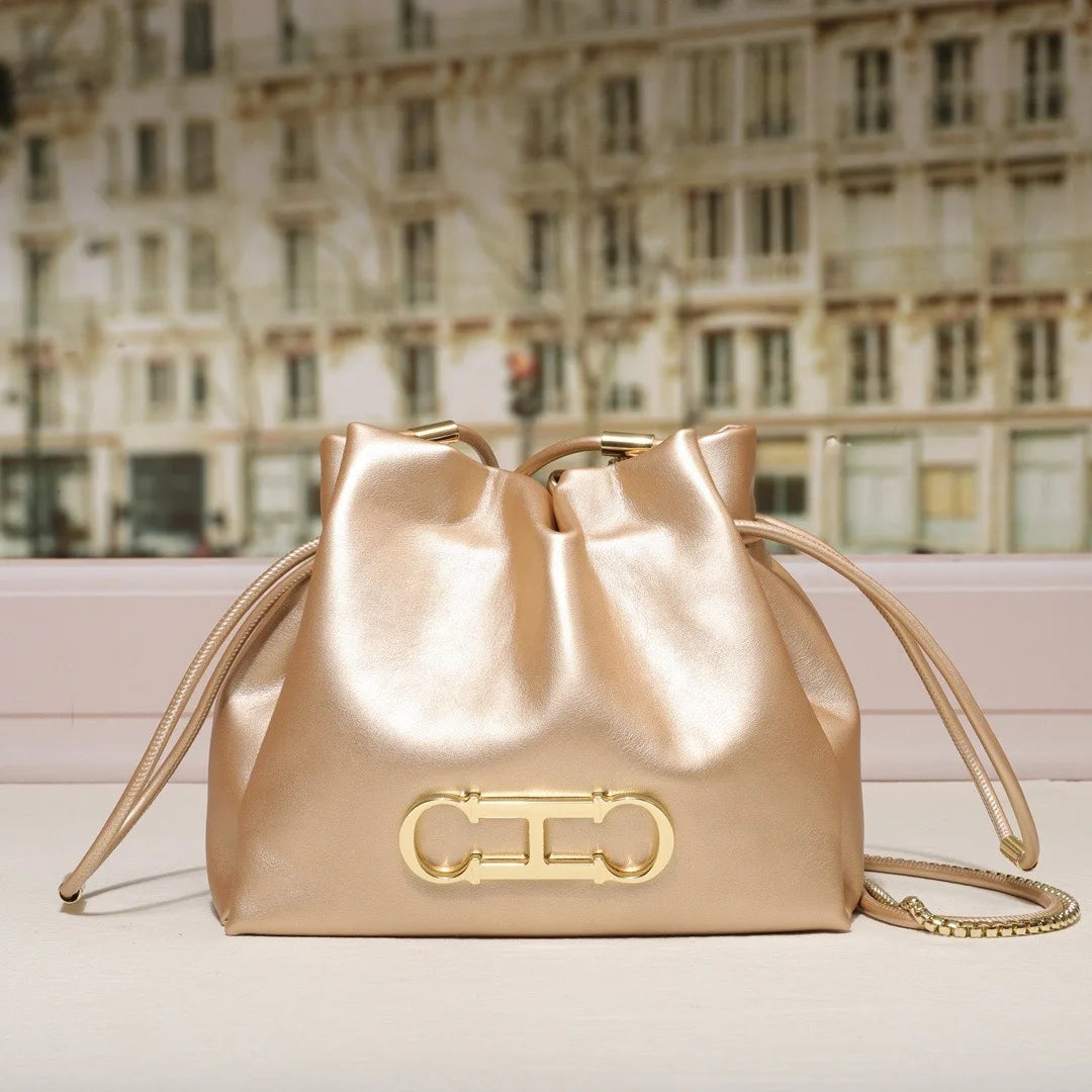 Fashionable Letter Drawstring Bucket Bag | Light Luxury Shoulder Bag for Commuting & Leisure | Soft PU Leather True Texture Bucket Purse (Model 240371) Luxegan