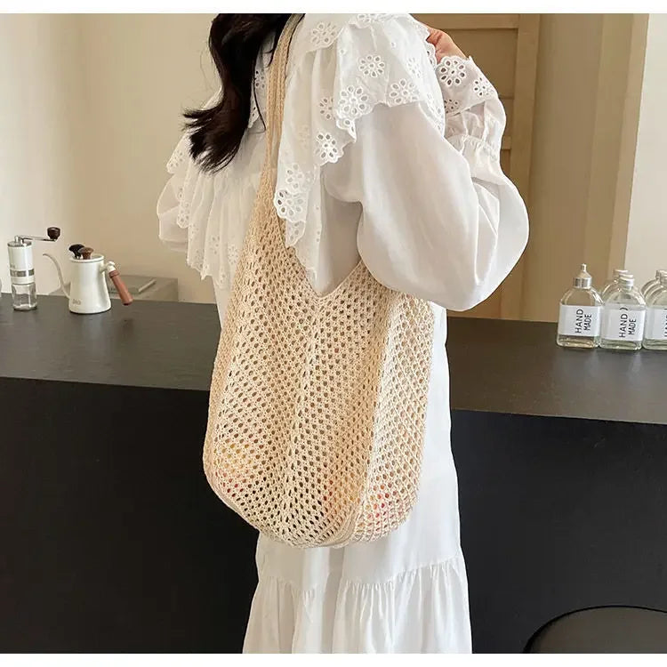 Women’s Solid Crochet Tote Handbag | Hollow Woven Summer Mesh Beach Bag | Large Capacity Aesthetic Knitting Hobo Bag | Casual Underarm Crochet Shoulder Bag Luxegan