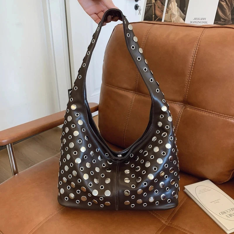 Luxury Designer Punk Rivet Shoulder Bag | Vintage Classic Motorcycle Casual Tote | Premium PU Leather Large-Capacity Handbag | Versatile Four-Seasons Fashion Bag with Polyester Lining Luxegan
