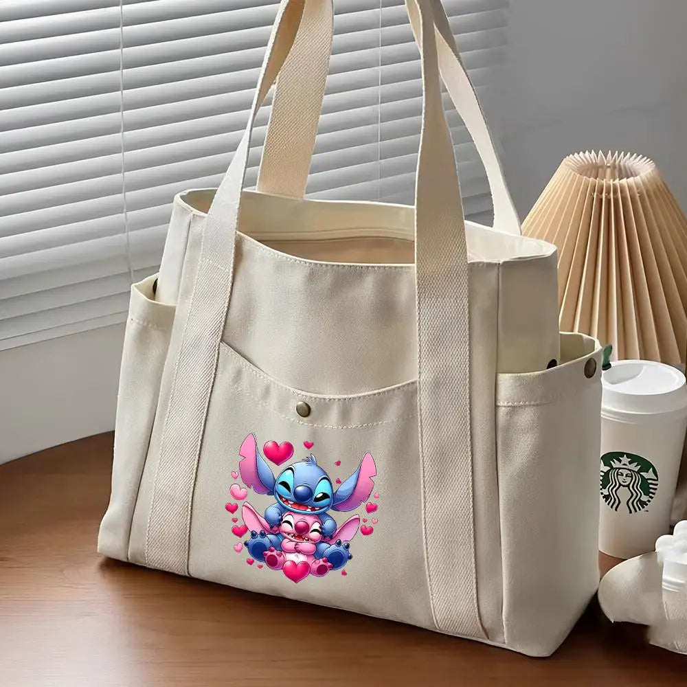 Lilo & Stitch Large Canvas Tote Bag | College Style Commuter & Student Shoulder Bag | Cartoon Shopping Handbag (Unisex) Luxegan