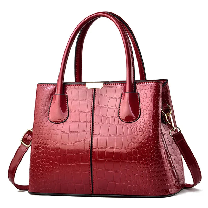 Luxury Patent PU Leather Shopping Tote | Structured Alligator Satchel Luxegan