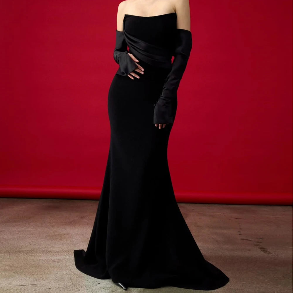  Pleat Backless A-Line Evening Gown | Strapless Full Sleeve Floor-Length Prom Dress Luxegan