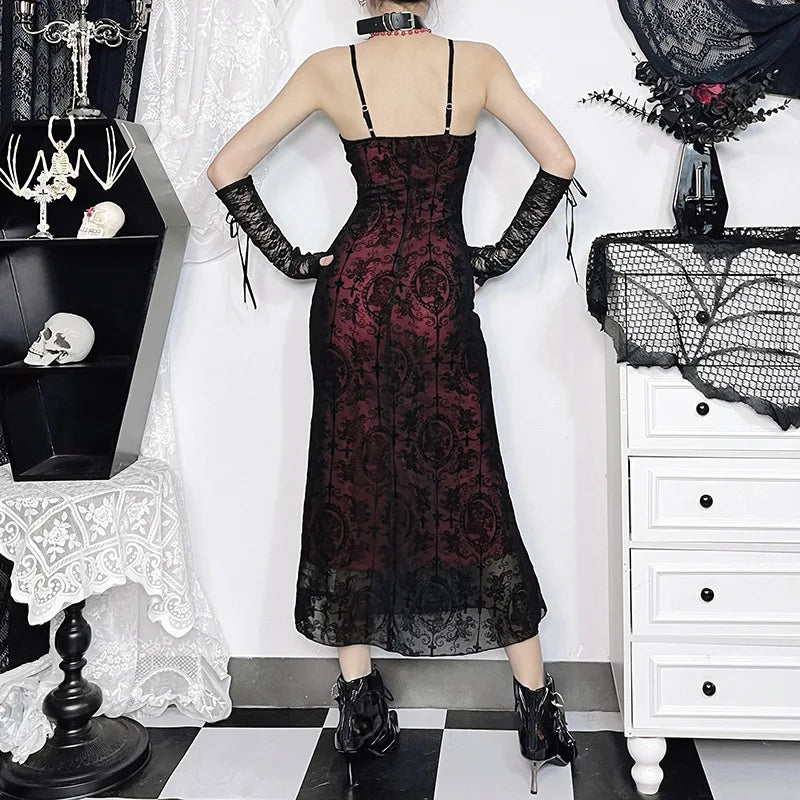 Gothic Sexy Long Fishtail Dress for Women | Vintage Spaghetti Strap Backless Maxi Dress | Premium Ruched Medium-Stretch Slim Fit Vestidos | Elegant Slash Neck Knit Lace Trim Gothic Robe Luxegan