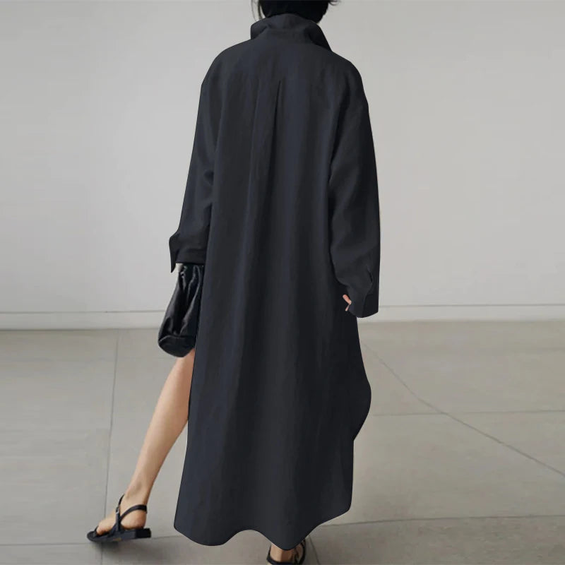 Lapel Neck Button-Down Long Sleeve Loose A-Line Midi Shirt Dress | Boho Vintage Casual Sundress Luxegan