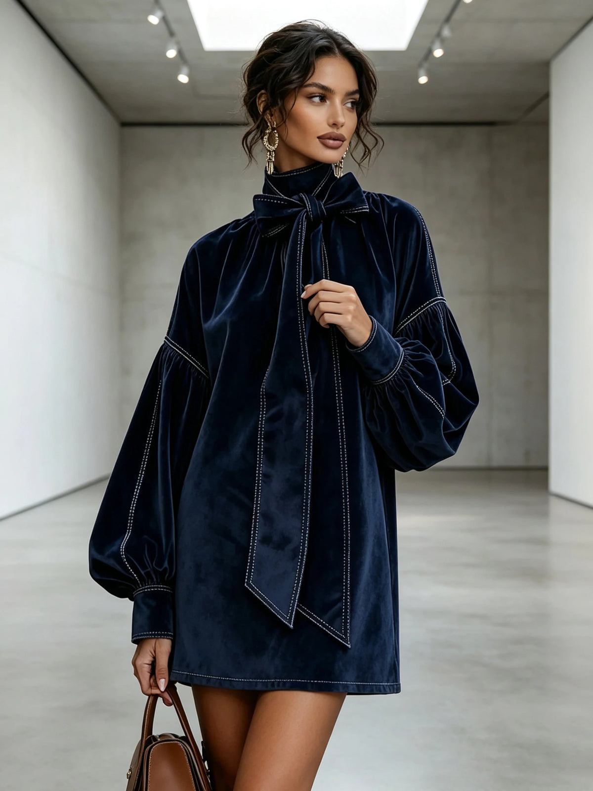 Solid Half High Collar Full-Length Lantern Sleeve Bow Detail Regular Fit Straight Midi Dress – Natural Waist, Spring/Autumn Luxegan