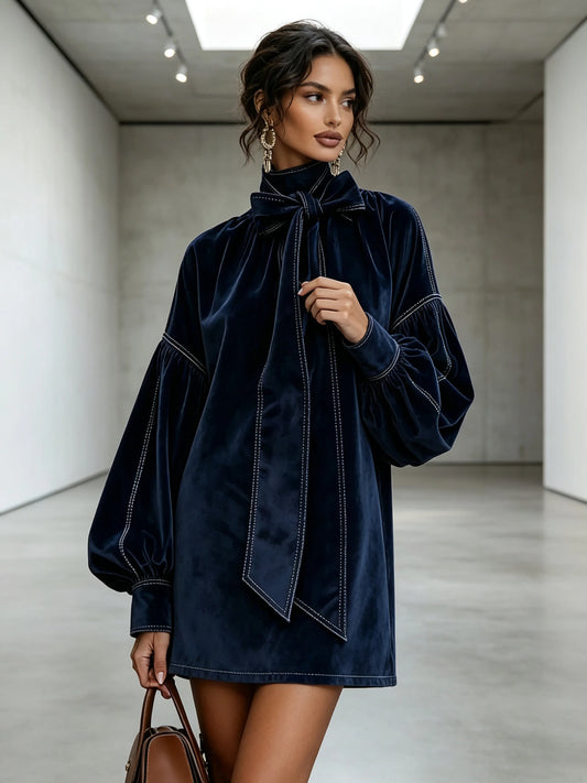Solid Half High Collar Full-Length Lantern Sleeve Bow Detail Regular Fit Straight Midi Dress – Natural Waist, Spring/Autumn Luxegan