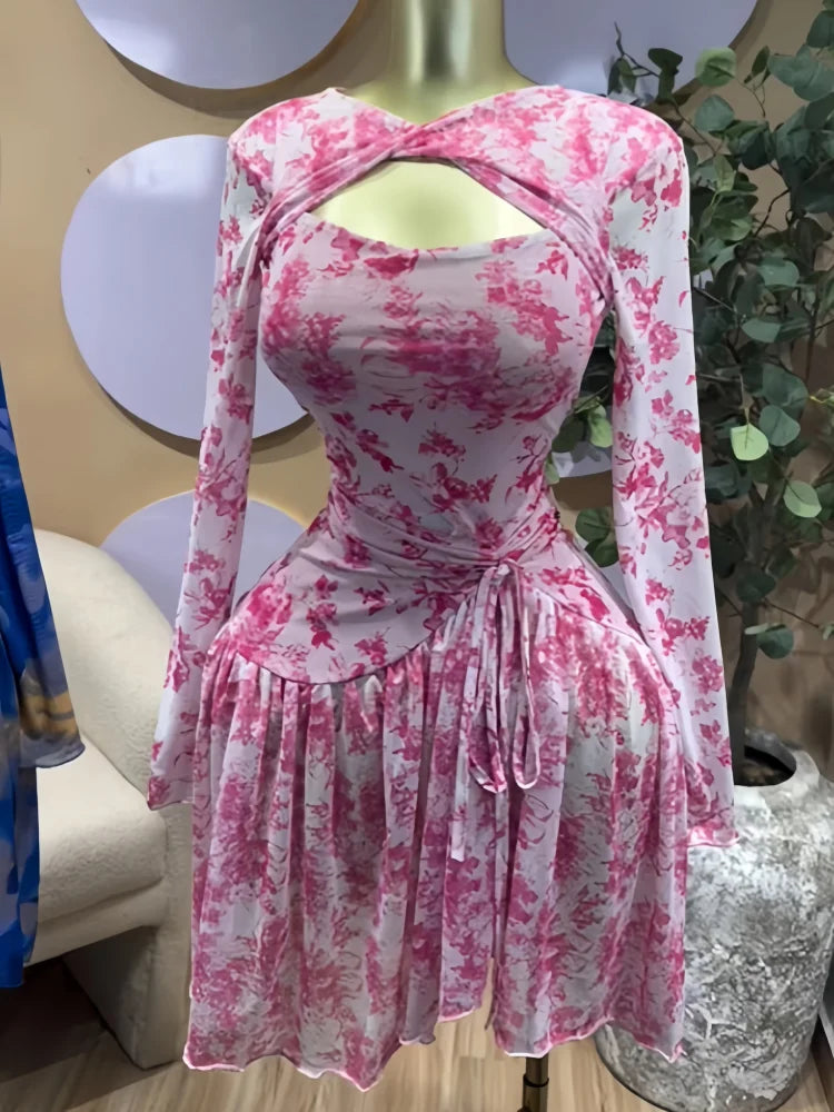 Stacked Ruffle Print Bodycon Maxi Dress | Long Sleeve O-Neck Draped Sheath Sexy Evening Party Dress Luxegan