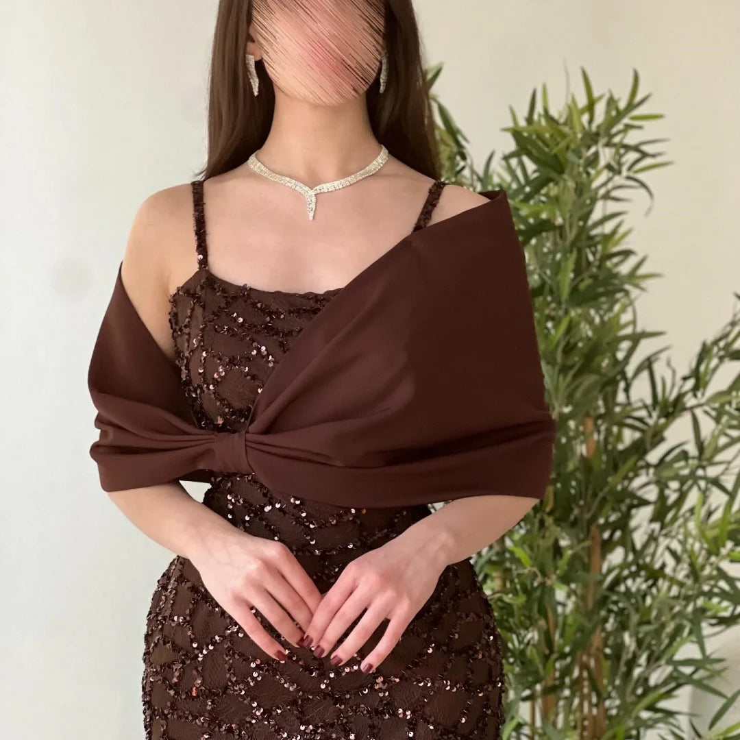 Bella Customized Dark Brown Square Neck Prom Dress Sequin Embellished Bow Shoulder Cape robes de soirée Slim-Fit Mermaid 2025