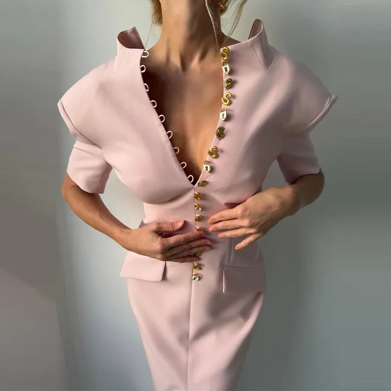 Elegant Solid Buttons Long Dress Women Waist Cinched Shoulder Pads High Collar Slit Dresses 2026 Spring Summer Lady Party Robes