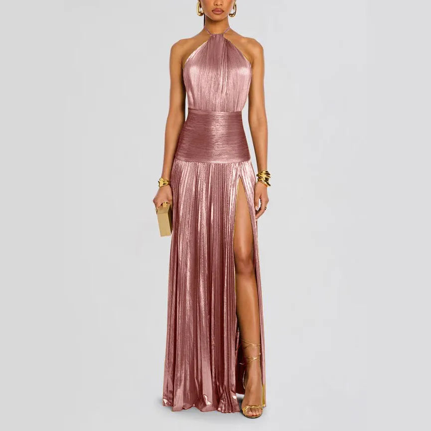 Off-the-Shoulder Halter Draped Slit Evening Gown | Corset-Style Party Dress Luxegan