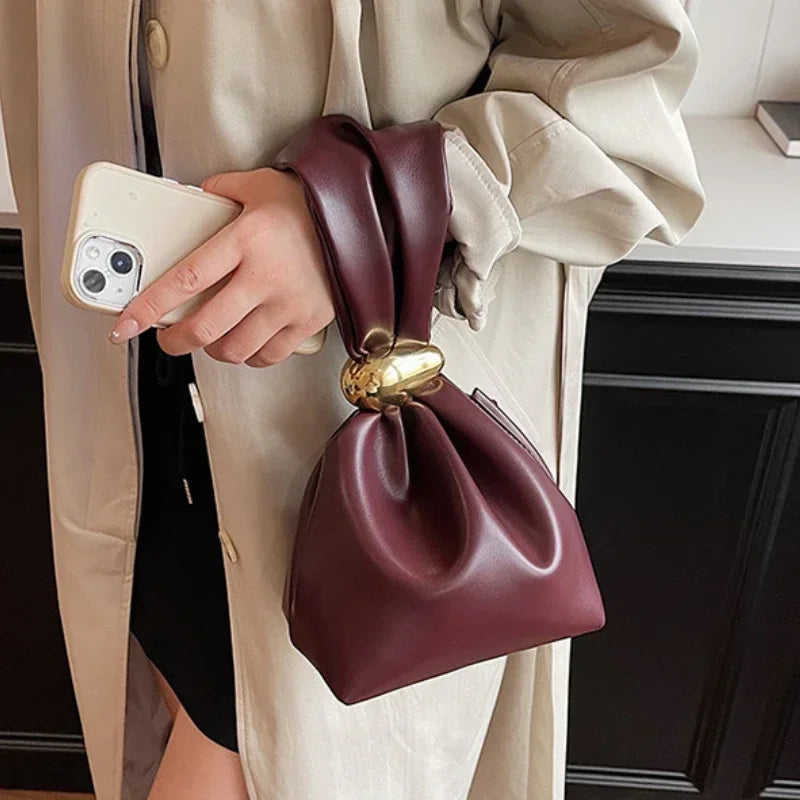 Personalized Soft Leather Clutch Bag | Sophisticated Luxury Designer Pleated Pouch | Elegant Mini Bucket Evening Bag | "Dignified" Soft PU Side-Zipper Purse for Versatile Party Styling Luxegan