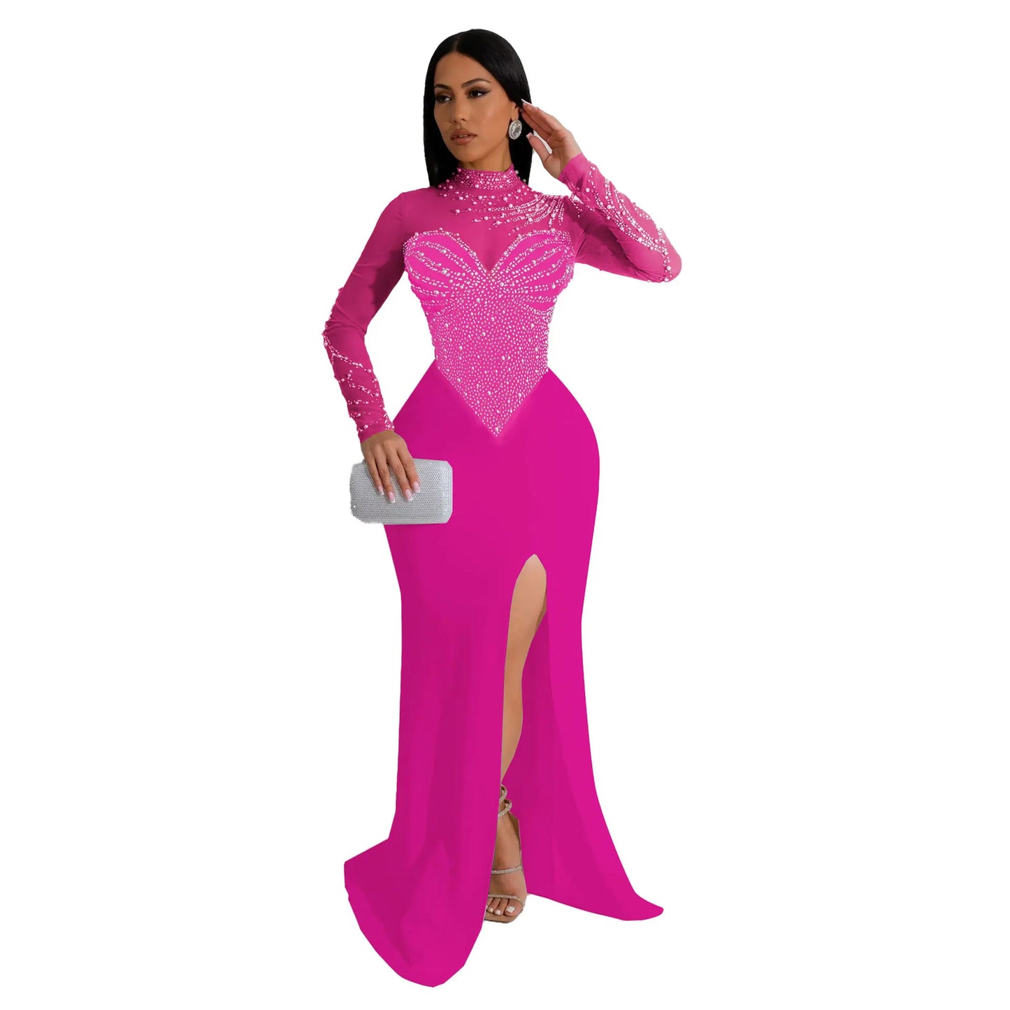 Women's Rhinestone Long Sleeve High Split Mermaid Maxi Dress Luxegan