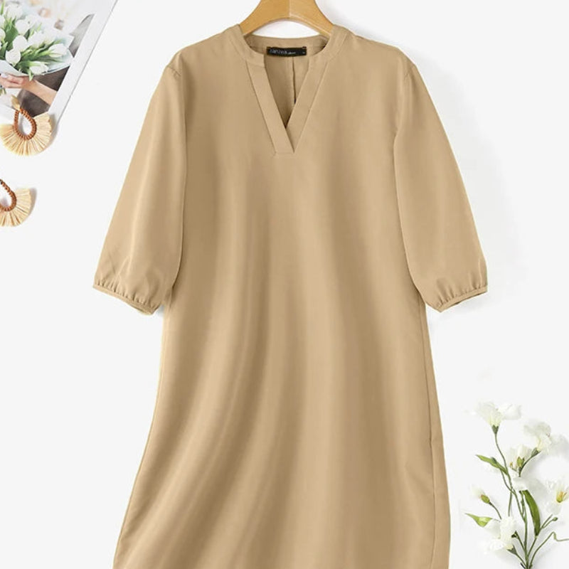 V-Neck Puff Sleeve A-Line Midi Dress | Elegant Solid Work & Casual Autumn Dress Luxegan