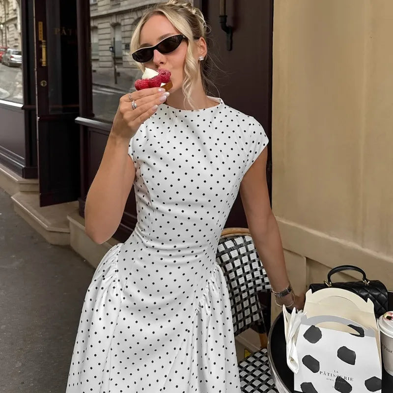 Elegant Polka Dot Fit-and-Flare Maxi Dress Luxegan