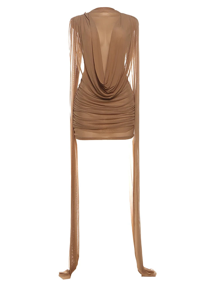 See-Through Patchwork Asymmetrical Mini Dress | Sheer Mesh Swing-Neck Sleeveless Club Gown | Autumn High-Stretch Slim Fit Trumpet Dress Luxegan