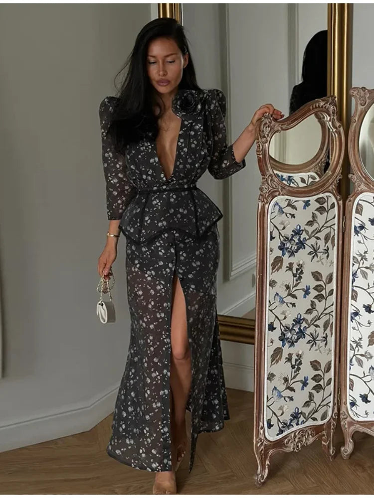 Organza Floral Printed Maxi Dress V-Neck  Puff Sleeve 2026 Spring/Summer Romantic Women Party Gown Fashion Elegant Lady Vestidos