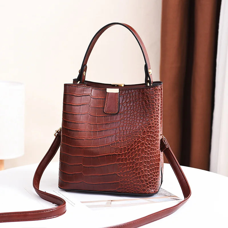 Crocodile Pattern Bucket Shoulder Bag | Large Capacity Handbag & Crossbody Purse Luxegan