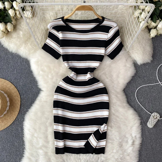 Striped O-Neck Short Sleeve Regular Fit Sheath Mini Dress – High Stretch Knitted Polyester, Empire Waist, Summer Luxegan