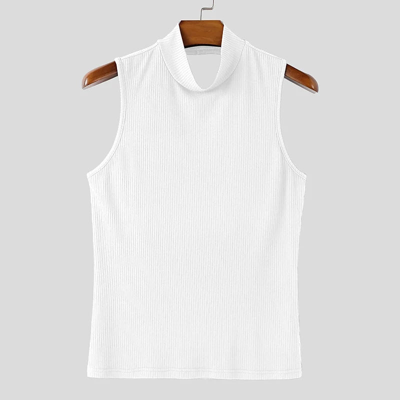 INCERUN Men Tank Tops Knitted Solid Color Turtleneck Sleeveless Male Vests Streetwear Hollow Out Backless Fashion Men Clothing
