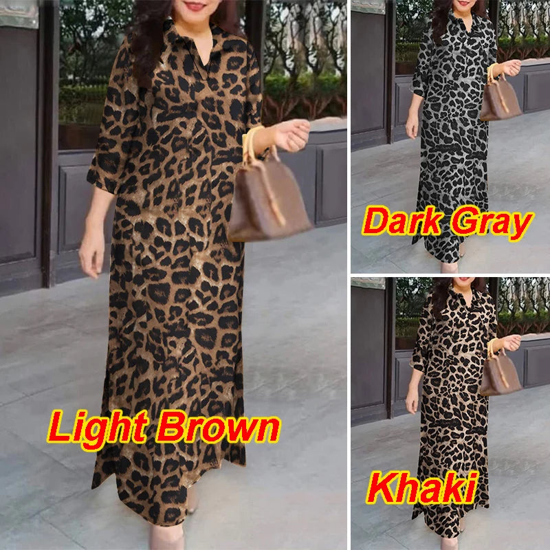 Leopard Print Turn-Down Collar Three-Quarter Sleeve Half-Button Regular Fit A-Line Ankle-Length Dress – Side Slits, Natural Waist, Spring/Summer/Autumn Luxegan
